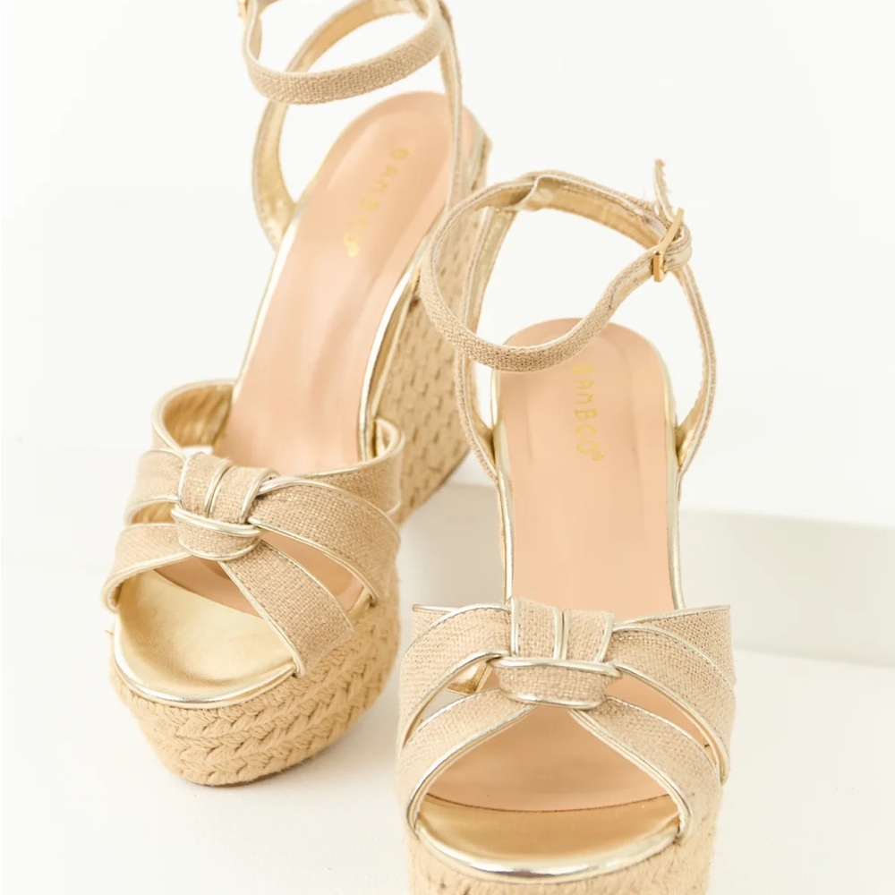 Lime Lush Boutique Beige and Gold Raffia Knot Strap Espadrille Wedges